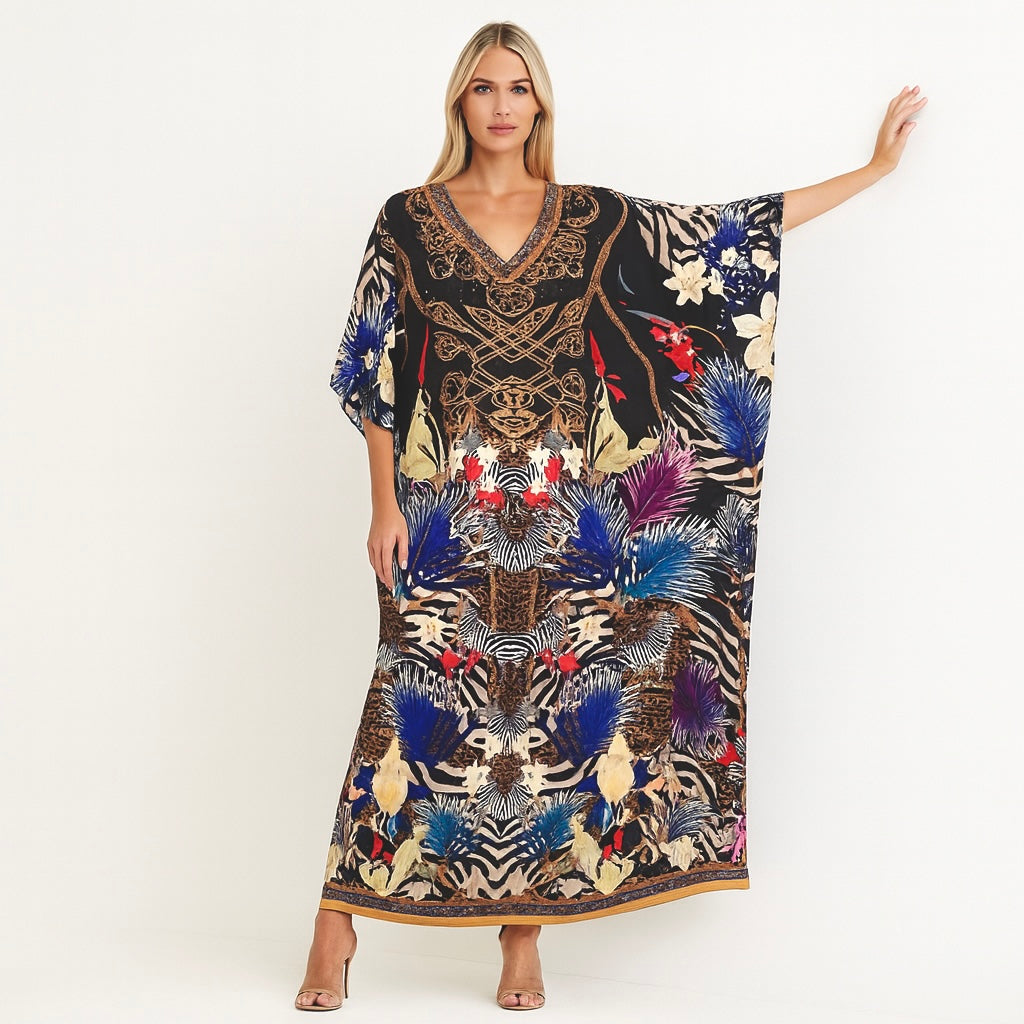 Black Royals Maya Silk Mix Bling Kaftan.         Sizes Available AU 12-32