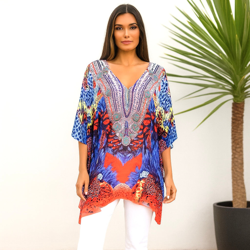 Kyra Relax Fit Bohemian Sheer Embellished  Kaftan Top One Size 10 to 22