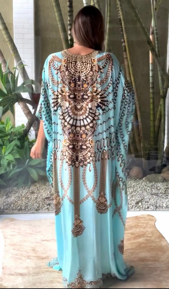 Blue Jeweled Silk Luxurious Coco Bella kaftan 12-20