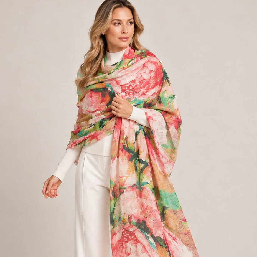 Mklane Cashmere Ultra fine Julian Wearable Art Scarf -Peony Spring