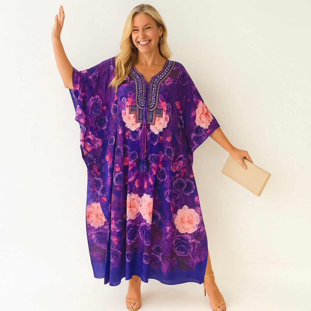 Maya Purple Florasa Long Kaftan Dress Sizes Available AU 12-32