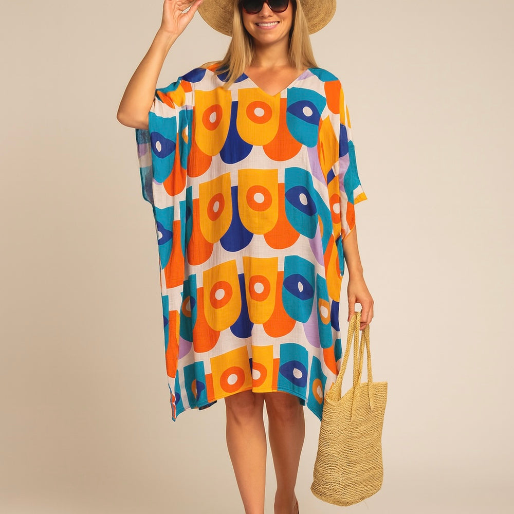 White Geo Plus Size Maya Rayon Tunic Top-One Size AU 26-32