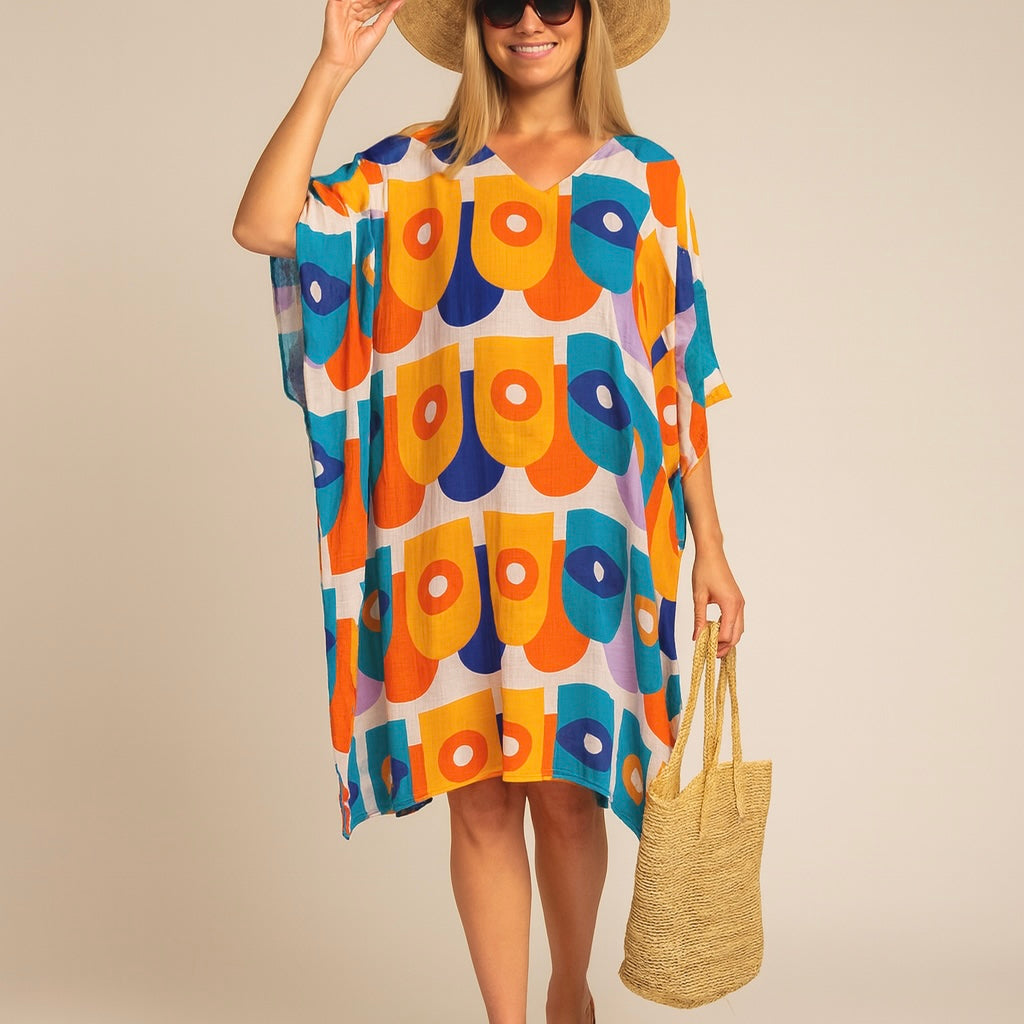 White Geo Plus Size Maya Rayon Tunic Top-One Size AU 26-32