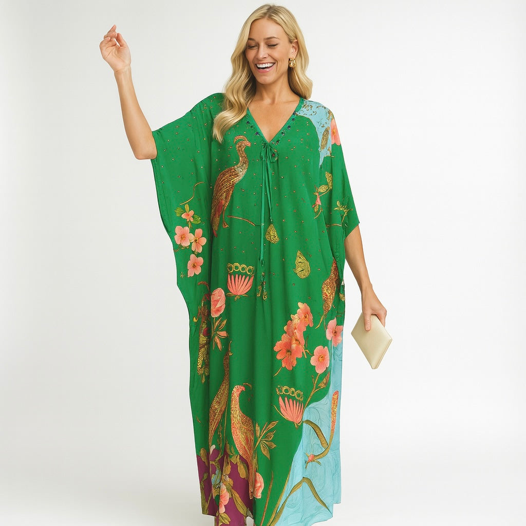 Green Micasso Maya Kaftan-Front tie with embellishments.Sizes Available AU 12-30