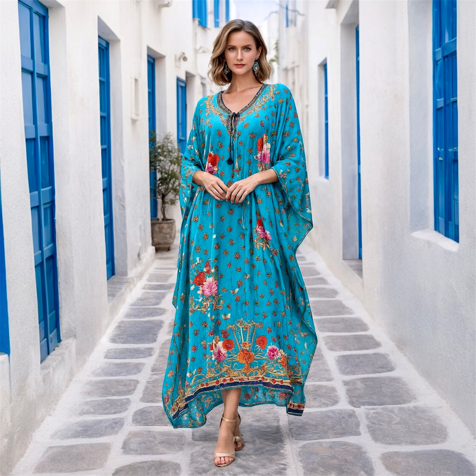 Coco Bella Blue Silk Luxe kaftan.Sizes Available AU 12-28