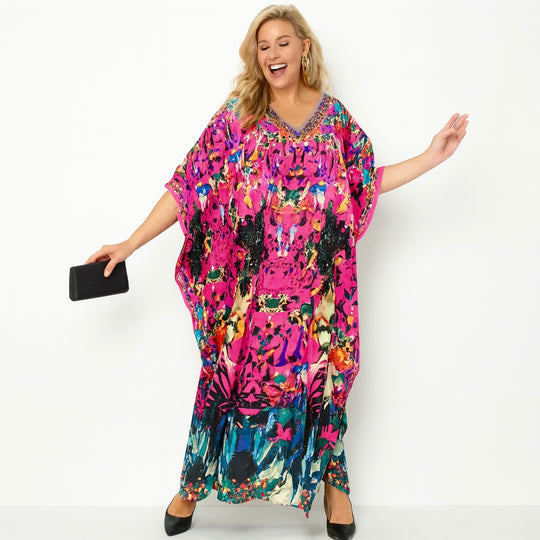 Royal Micaso Fuchsia Maya Silk Mix Bling Kaftan.         Sizes Available AU 12-32