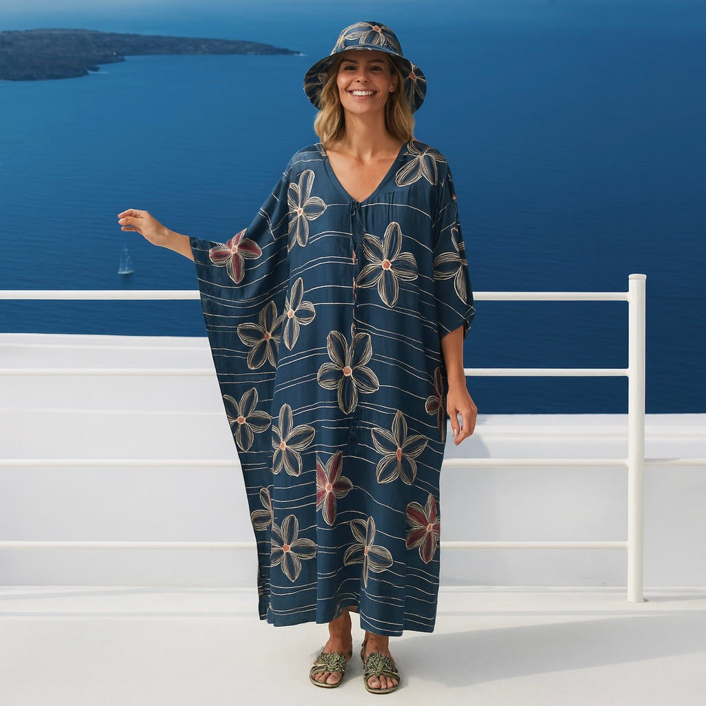 Maya Navy Blue Cotton Kaftan Dress-Sizes Available AU 14-30