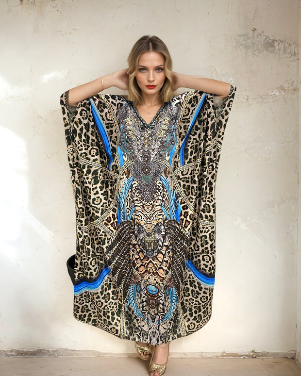 Blue leopard Embellished Maya kaftan Sizes Available AU 12-32