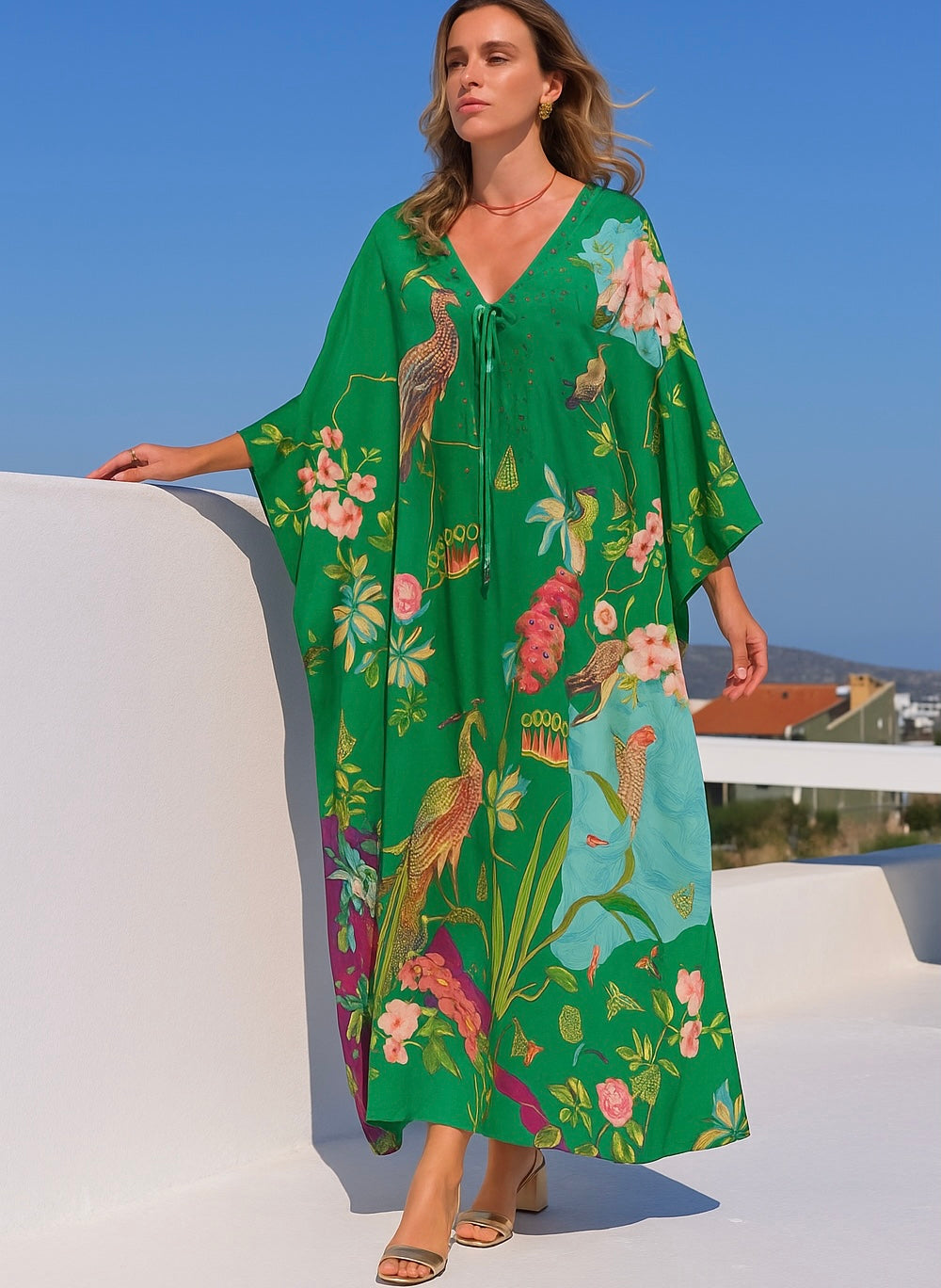 Green Micasso Maya Kaftan-Front tie with Bling .Sizes Available AU 12-30
