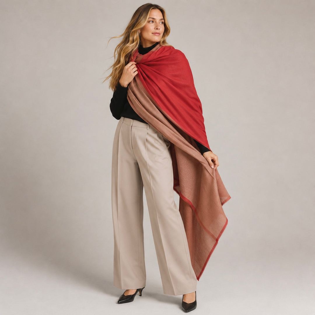 Natural & Rust Handwoven Pure Cashmere Julian Wrap Shawl.