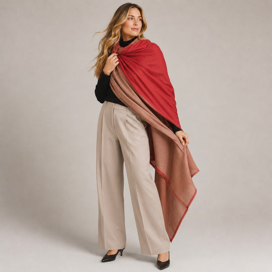 Natural & Rust Handwoven Pure Cashmere Julian Wrap Shawl.