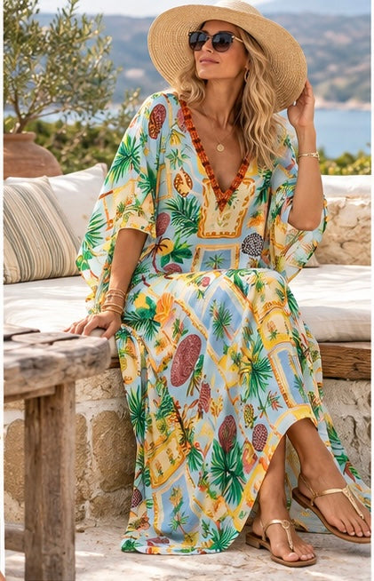 Mklane Maya Azure Tropical Kaftan Dress