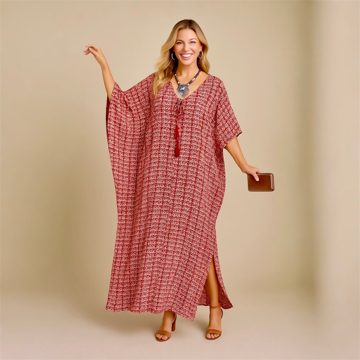 Red Maya Cotton Rayon kaftan - Sizes Available AU 14-30