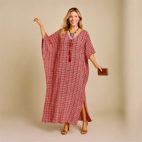 Red Maya Cotton Rayon kaftan - Sizes Available AU 14-30