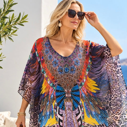 Kyra Relax Fit Bohemian Sheer Embellished  Kaftan Top One Size 10 to 20