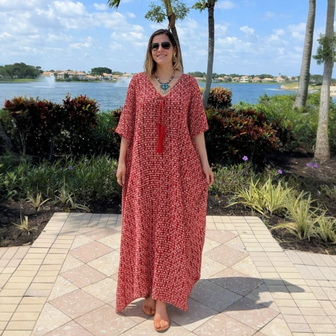 Red Maya Cotton Rayon kaftan - Sizes Available AU 14-30