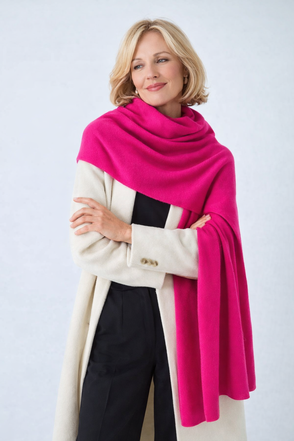 100% Cashmere 2 ply Knitted Julian Oversized Wrap -Fuchsia
