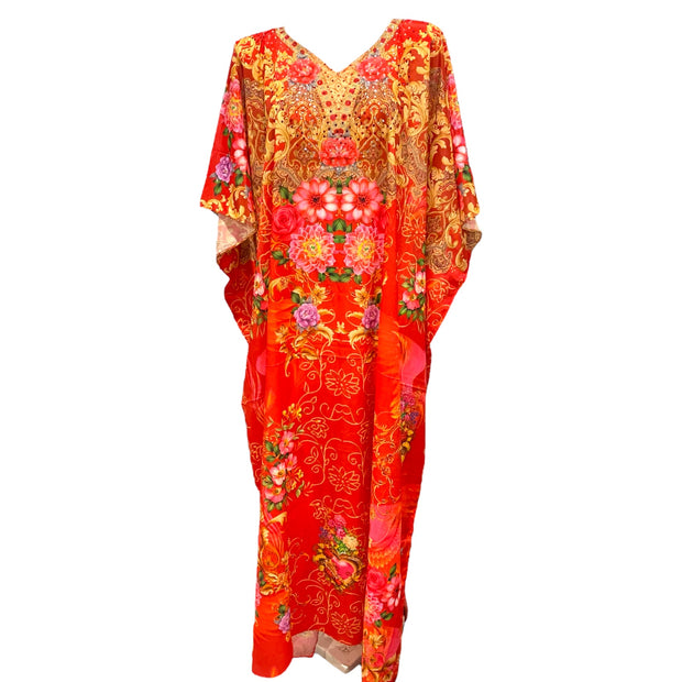 Maya Red Silk Mix Bling Kaftan.         Sizes Available AU 12-28