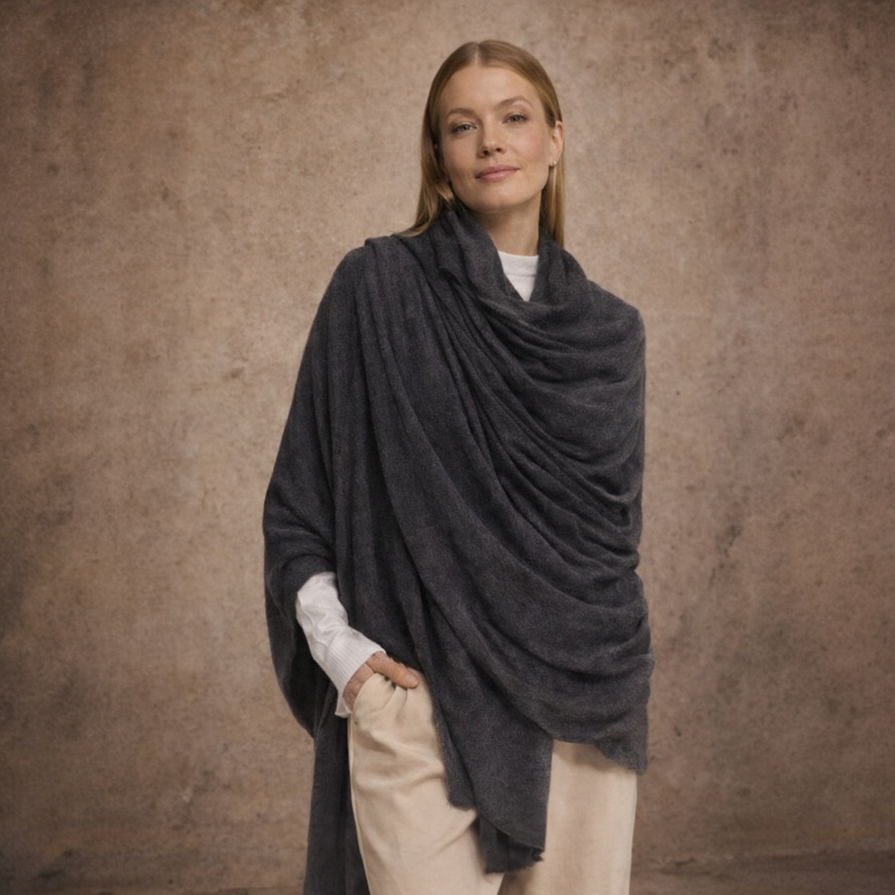 Charcoal Grey Julian Oversized Cashmere Hand Woven Travel Wrap