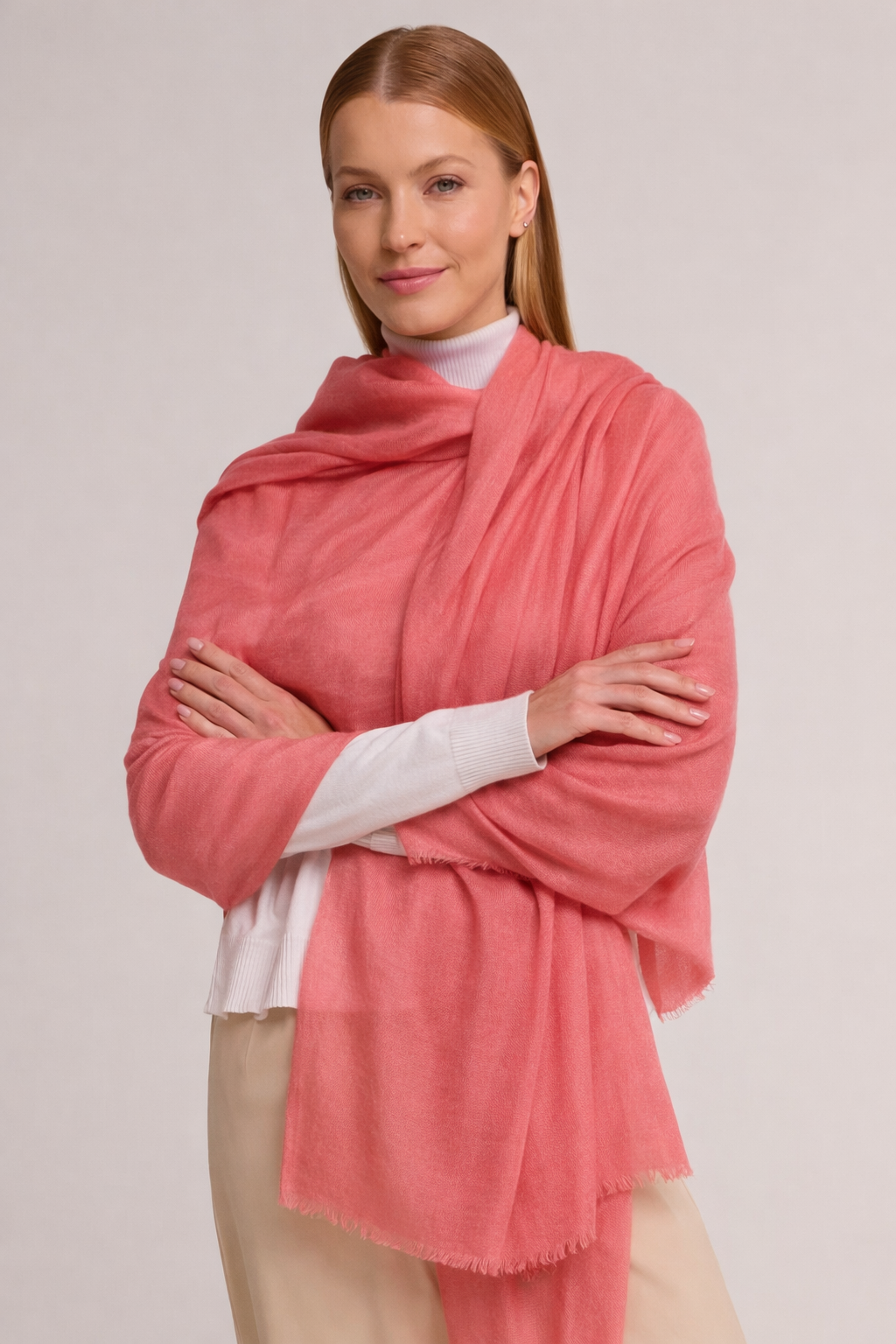 Julian handwoven 100% Cashmere oversized shawl / Scarf/ Wrap - Peach Pink