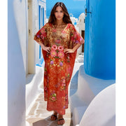 Maya Red Silk Mix Bling Kaftan.         Sizes Available AU 12-28
