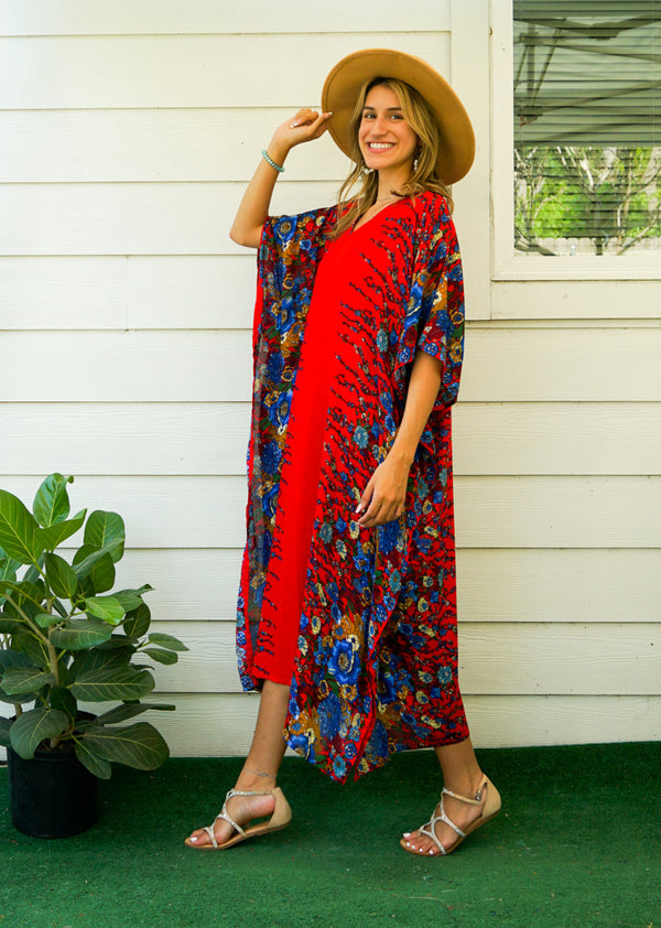 Red floral Cotton Maya Kaftan Free size