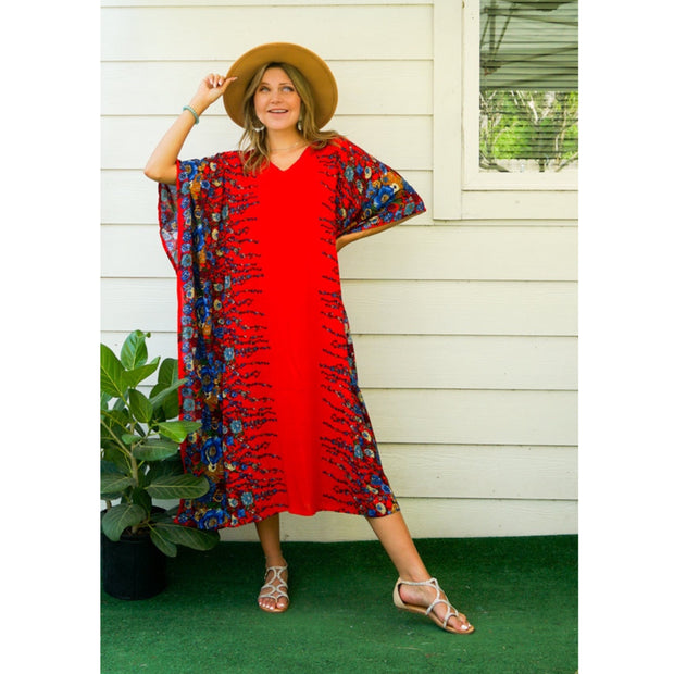 Red floral Cotton Maya Kaftan Free size