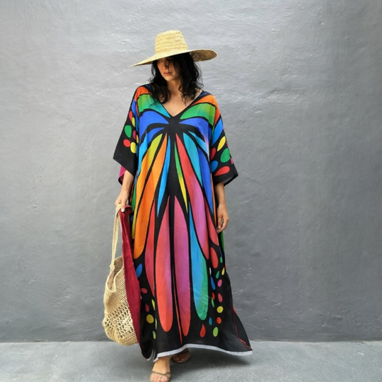 Maya Black Cotton Tropical Boho kaftan - Sizes Available -AU 14-30