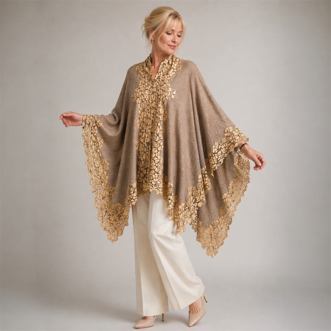 Julian Cashmere Knitted Oversized Cape Shawl with Lace -More style available
