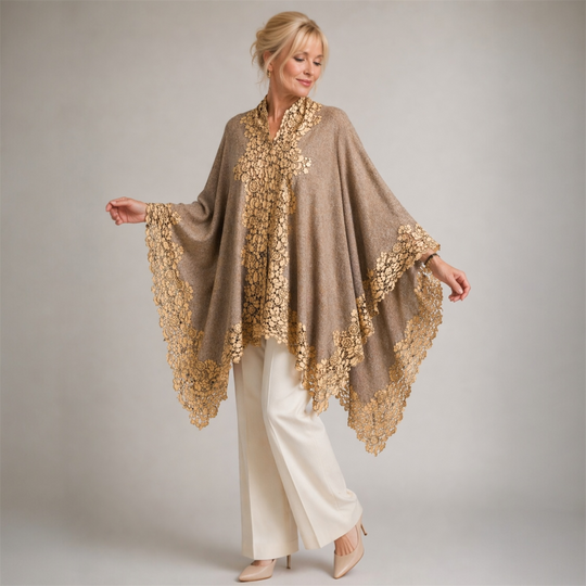 Julian Cashmere Knitted Oversized Cape Shawl with Lace -More style available