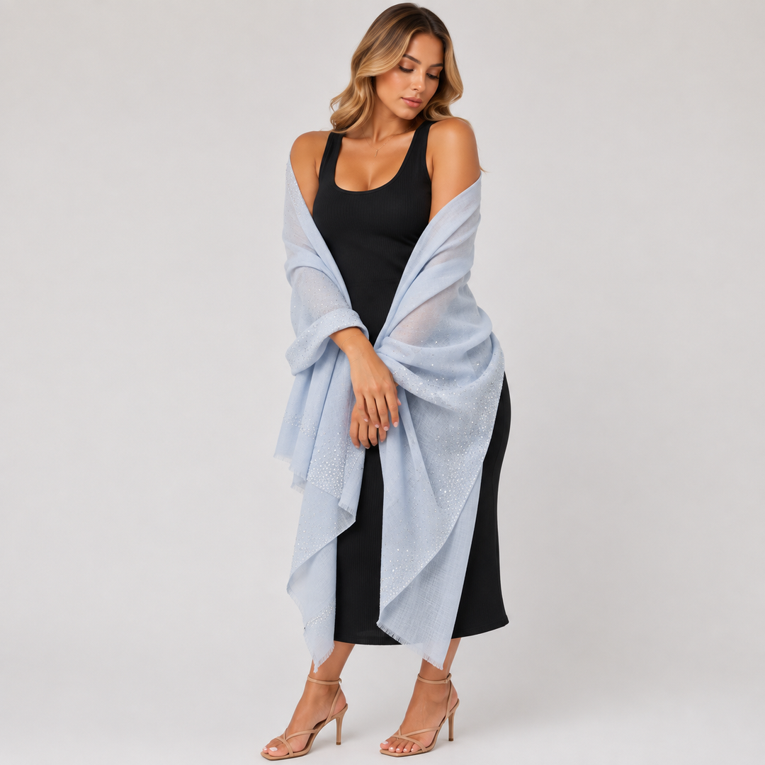 Julian Cashmere Oversized Ultralight Heavily Beaded Wedding Wrap Shawl-Ice Blue