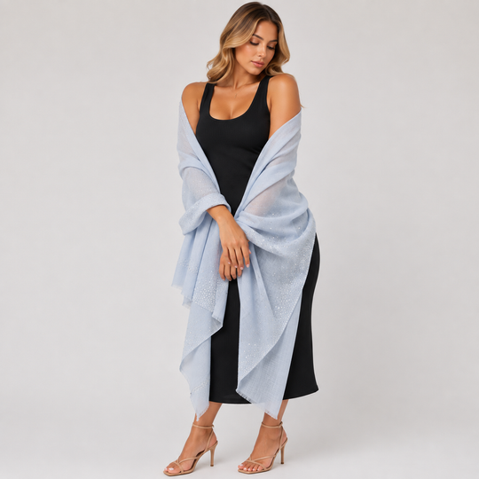 Julian Cashmere Oversized Ultralight Heavily Beaded Wedding Wrap Shawl-Ice Blue