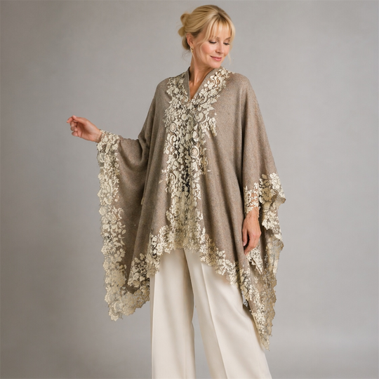 Julian Cashmere Knitted Oversized Cape Shawl with Lace -More style available