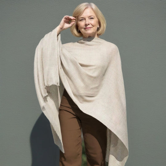 Beige Julian Oversized handwoven pure cashmere scarf