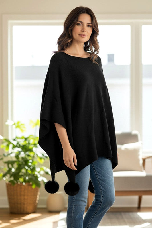 Maya Black Pom Pom Free Size Cape Poncho