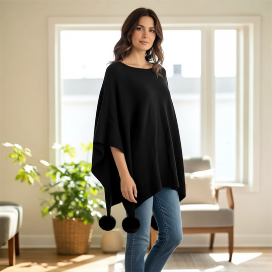 Maya Black Pom Pom Free Size Cape Poncho