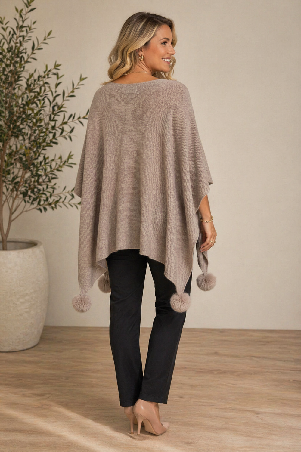 Taupe Pom Pom Free Size Cape Poncho