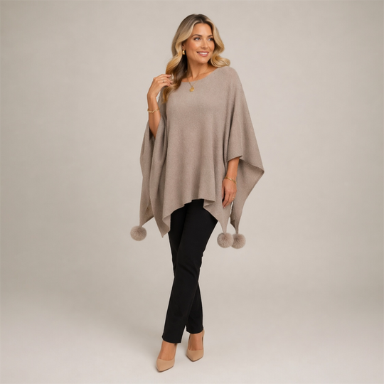 Taupe Pom Pom Free Size Cape Poncho