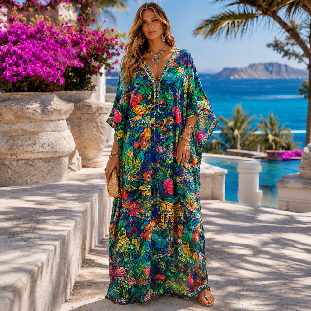 Rio’s Jenes Tropical 100% Viscose Silk Luxurious Coco Bella kaftan 12-26