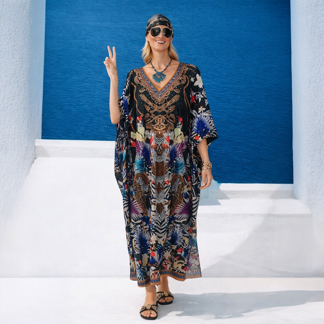 Black Maya Silk Mix Bling Kaftan.         Sizes Available AU 12-32