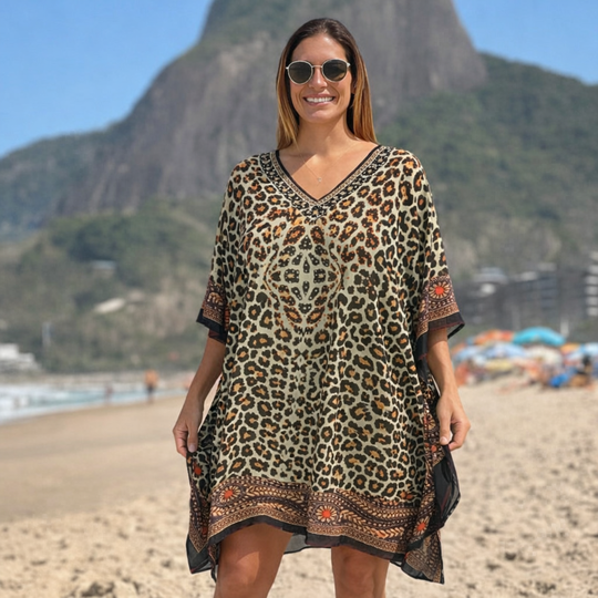 Maya Leopard Embellished Short Kaftan Tunic Top One Size 10 to 22