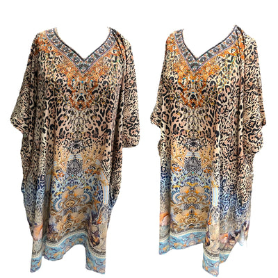 Maya Embellished Silk Mix kaftan Tunic Top  14-28
