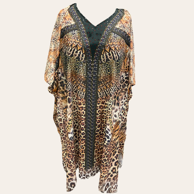 Maya Embellished Silk Mix kaftan Tunic Top 14-28