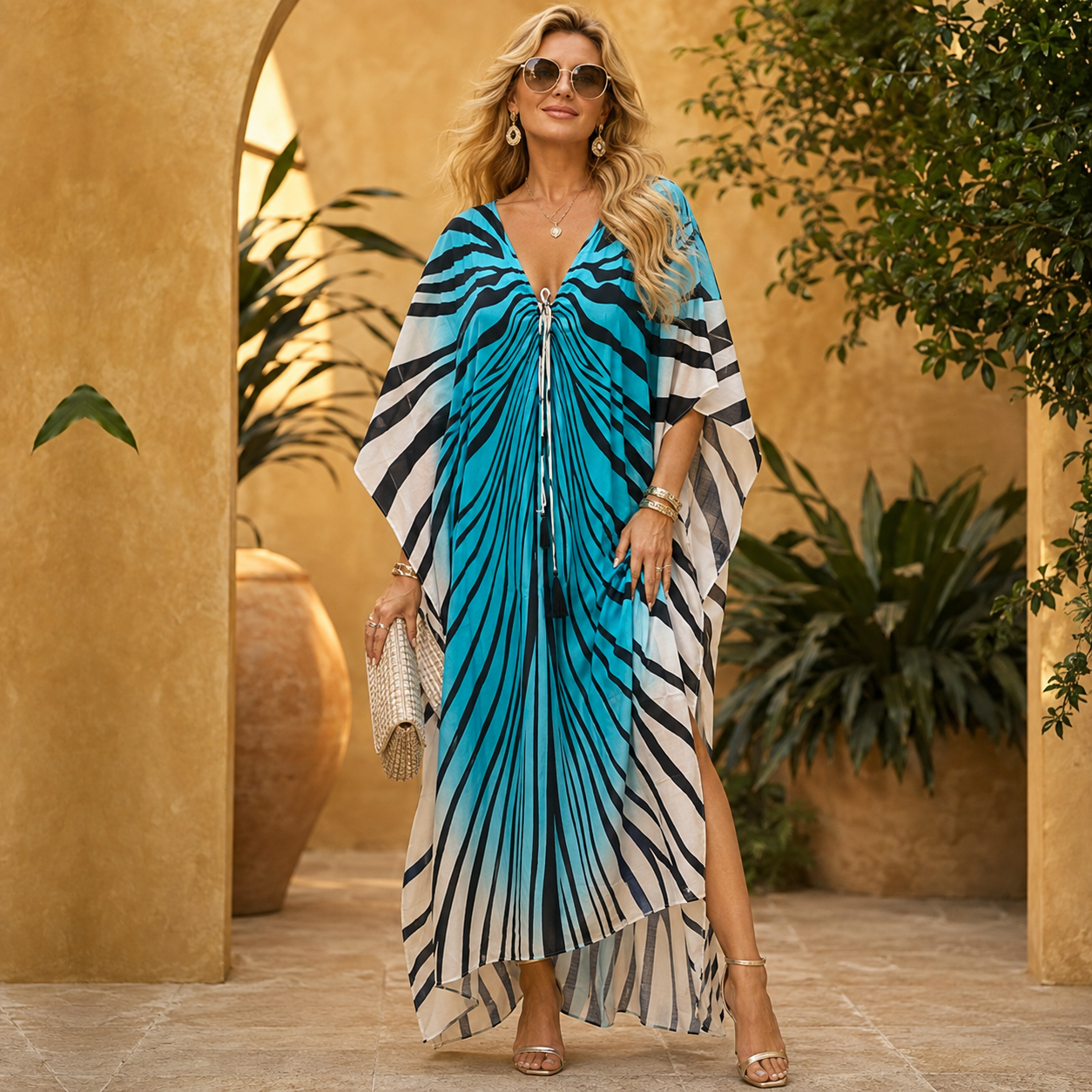 Luxe Silk Azure Zebra Maya Kaftan. Sizes Available AU 14-28