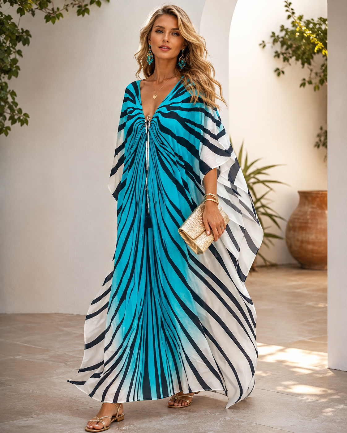 Luxe Silk Azure Zebra Maya Kaftan. Sizes Available AU 14-28
