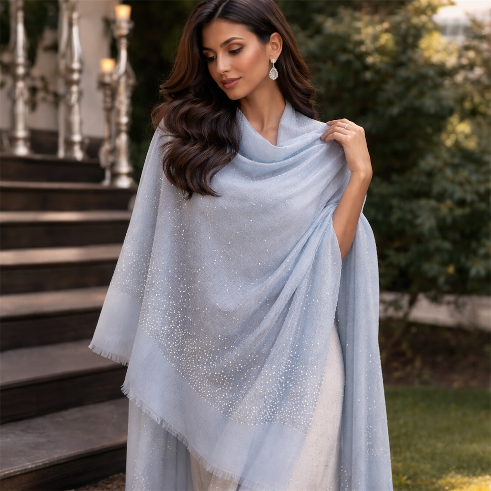 Julian Cashmere Oversized Ultralight Heavily Beaded Wedding Wrap Shawl-Ice Blue