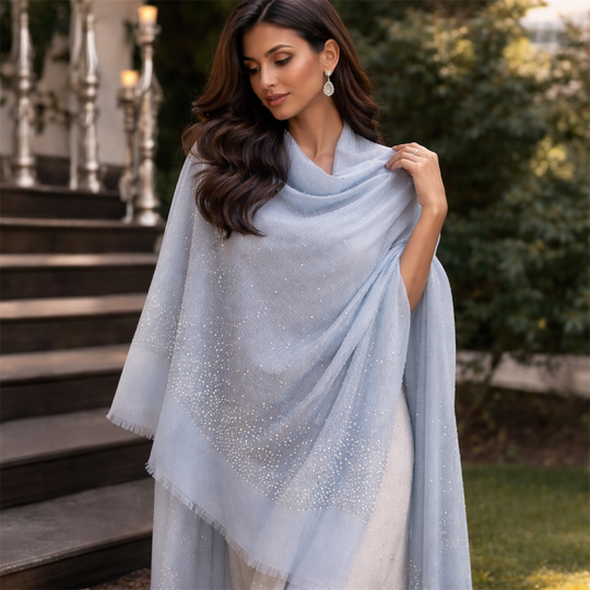 Julian Cashmere Oversized Ultralight Heavily Beaded Wedding Wrap Shawl-Ice Blue