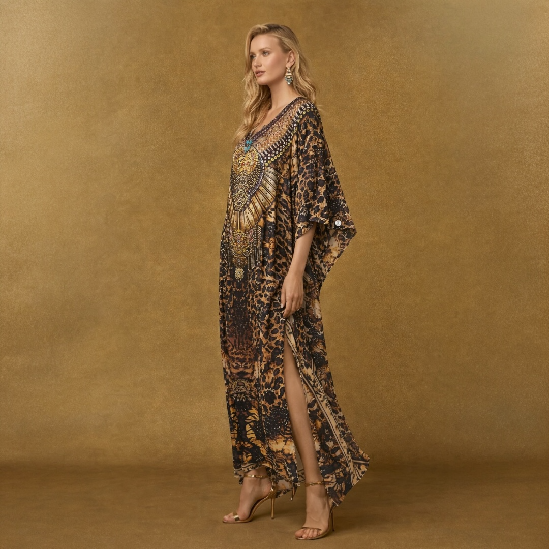 Brown Royals Maya Silk Mix Bling Kaftan. Sizes Available AU 16-30