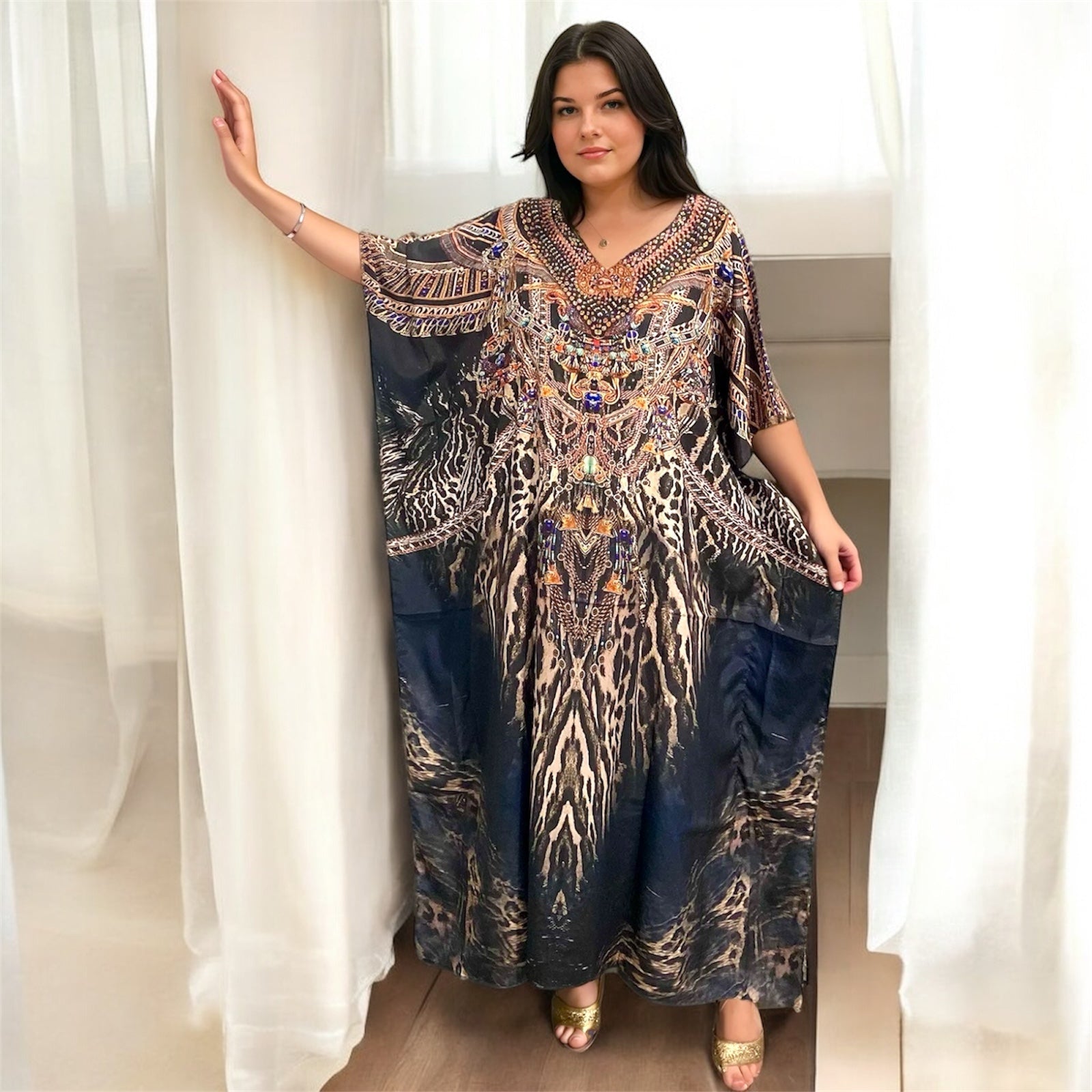 Black Maya Silk Mix Bling Kaftan.         Sizes Available AU 12-32