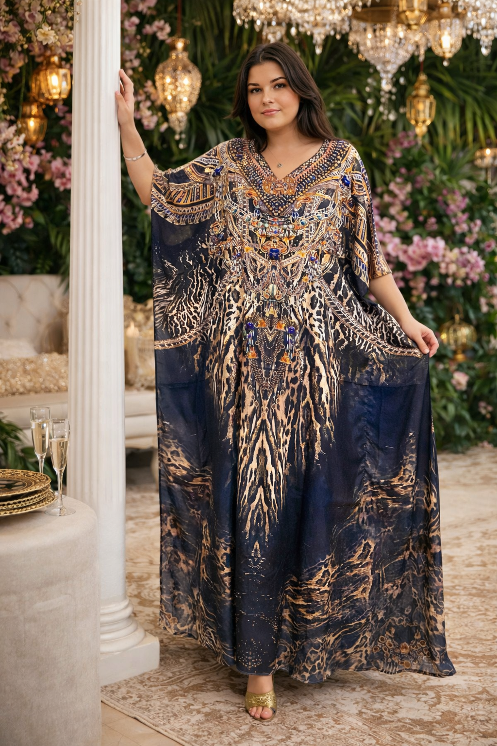 Black Maya Silk Mix Bling Kaftan.         Sizes Available AU 12-32